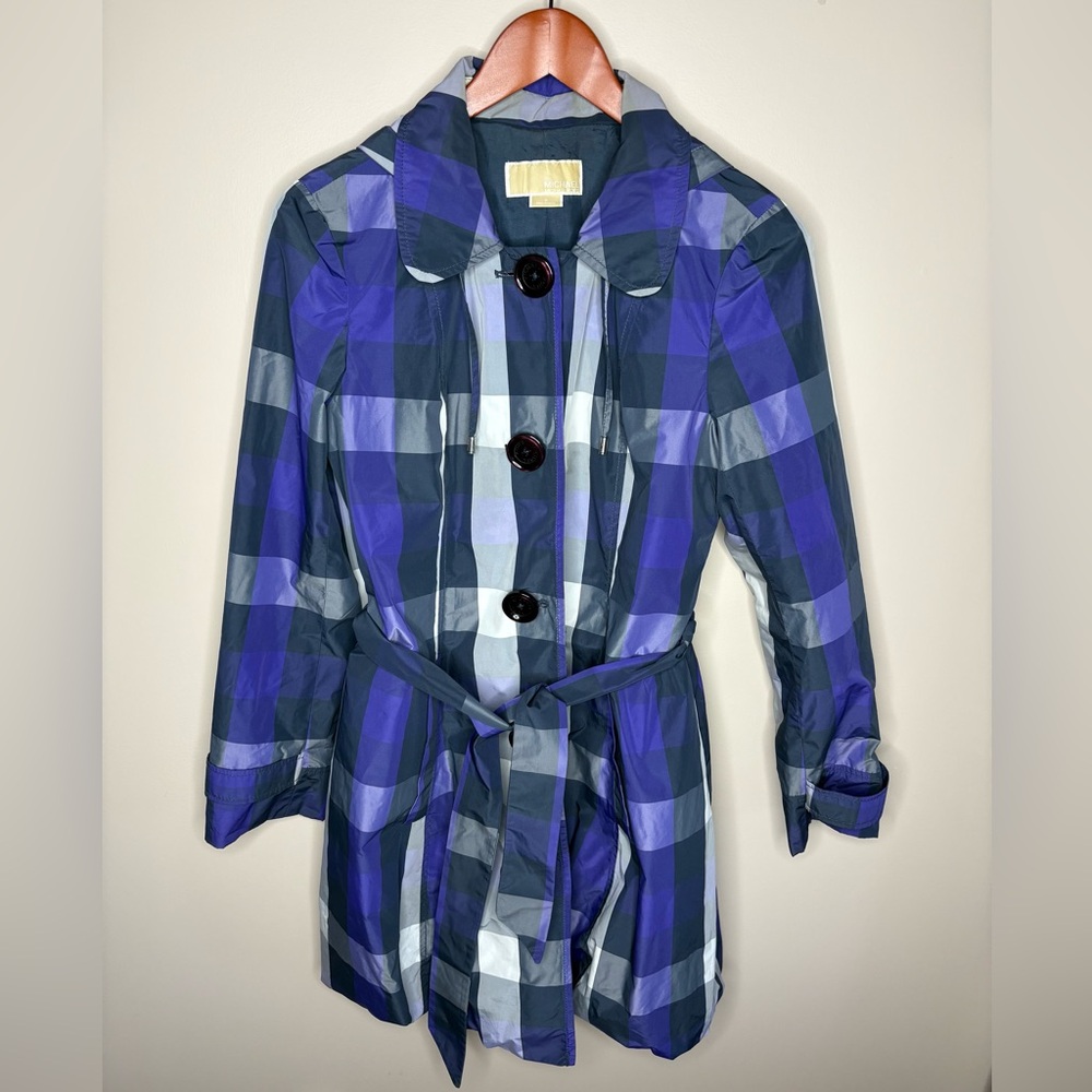 Michael Kors Purple Plaid Belted & Hooded Coat Raincoat Size 8